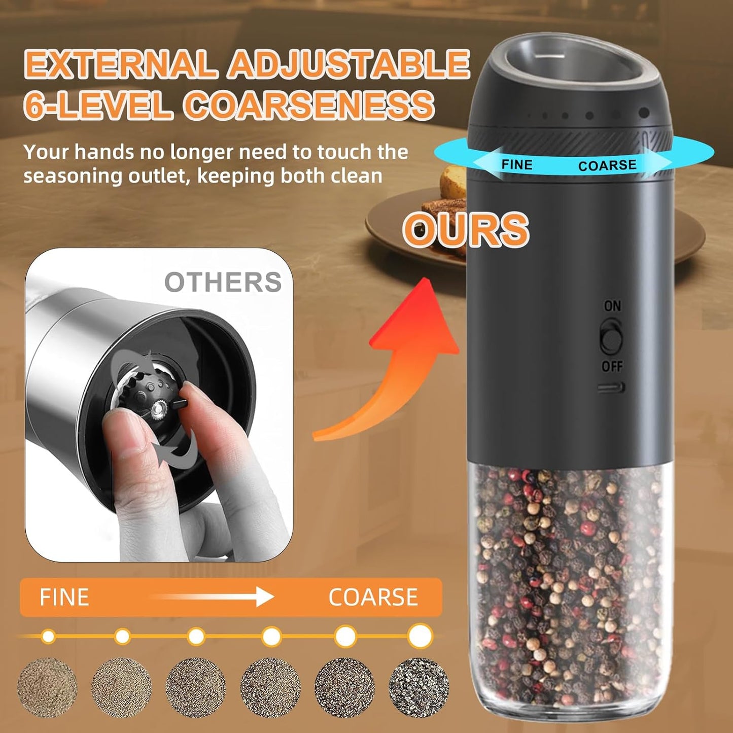 Gravity Electric Salt and Pepper Grinder Set Rechargeable, External Adjustable Coarseness, Automatic Salt and Pepper Shakers Mill with LED Light, 6Oz/176Ml Large Capacity, House Warming Gifts (2 Pack)