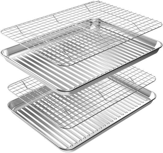 Baking Sheet with Rack Set (2 Pans + 2 Racks), Stainless Steel Cookie Sheet with Cooling Rack, Nonstick Baking Pan, Warp Resistant & Heavy Duty & Rust Free, Size 16 X 12 X 1 Inches