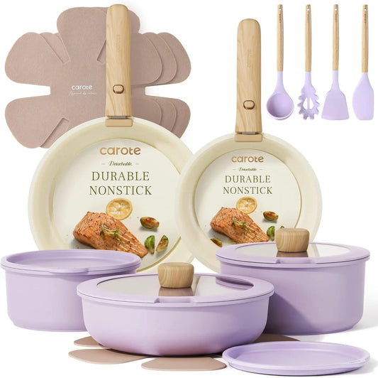Pots and Pans Set Non Stick, Cookware Sets, 19Pcs Kitchen Set, Oven/Fridge Safe, Space Saving Pots Set, Nonstick Set with Versatile Removable/Detachable Handle, Induction RV Set, Purple