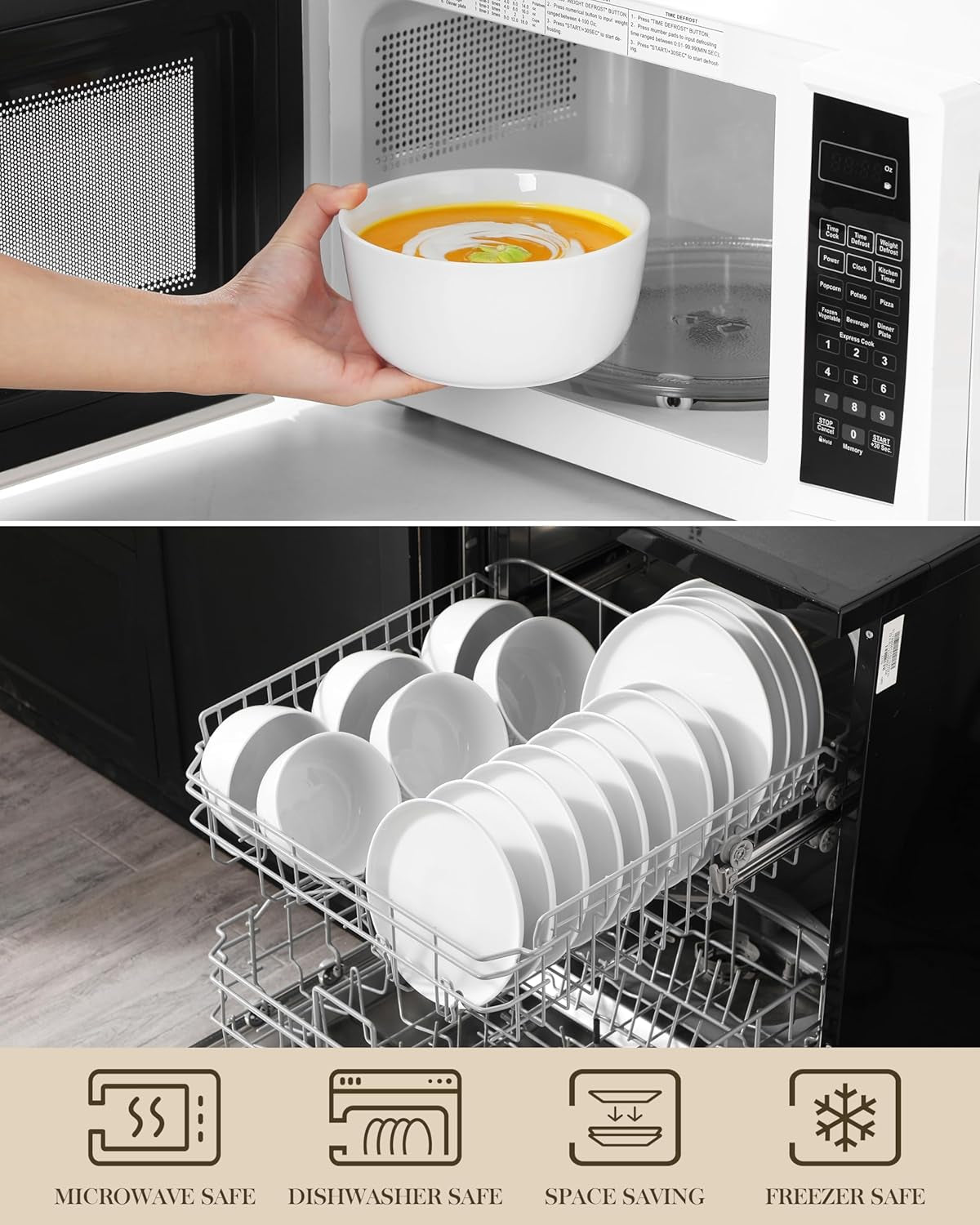 24 Pieces Gourmet Porcelain Dinnerware Sets, Premium Plates and Bowls Set, High-Fired Ceramic Dishes Set for 8, Chip & Scratch Resistant, Microwave Dishwasher Safe, White, Series LEXI