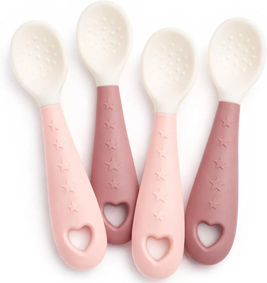 4-Pack Silicone Baby Spoons,  Soft Gum-Friendly First Feeding Spoons for Babies, Baby Feeding Utensils Essentials, Easy-Grip Handle, BPA Free, Dishwasher Safe, 2 Pink 2 Purple