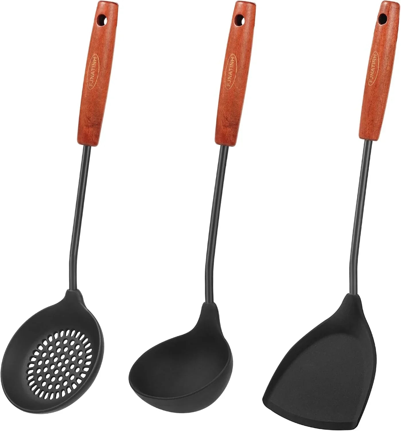 Wok Tools, Wok Utensil,Wok Spatula,Ladle,Skimmer Tool Set,Non Stick Heat-Resistant Silicone Cooking Utensils BPA Free Kitchen Utensils Cookware, Pack of 3,Black