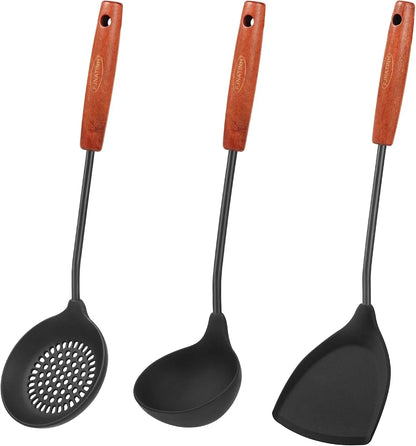 Wok Tools, Wok Utensil,Wok Spatula,Ladle,Skimmer Tool Set,Non Stick Heat-Resistant Silicone Cooking Utensils BPA Free Kitchen Utensils Cookware, Pack of 3,Black
