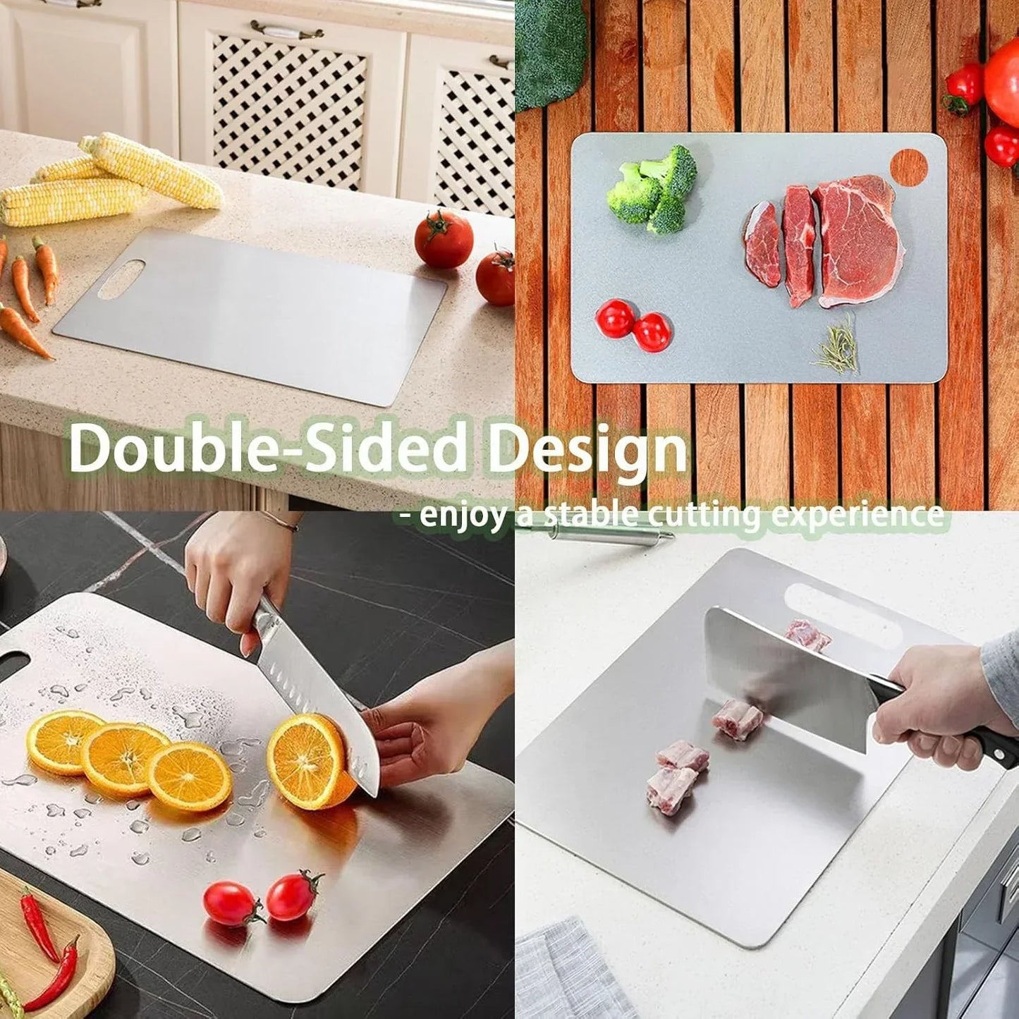 Double-sided cutting board for vegetables, meat, and fruits in kitchen settings
