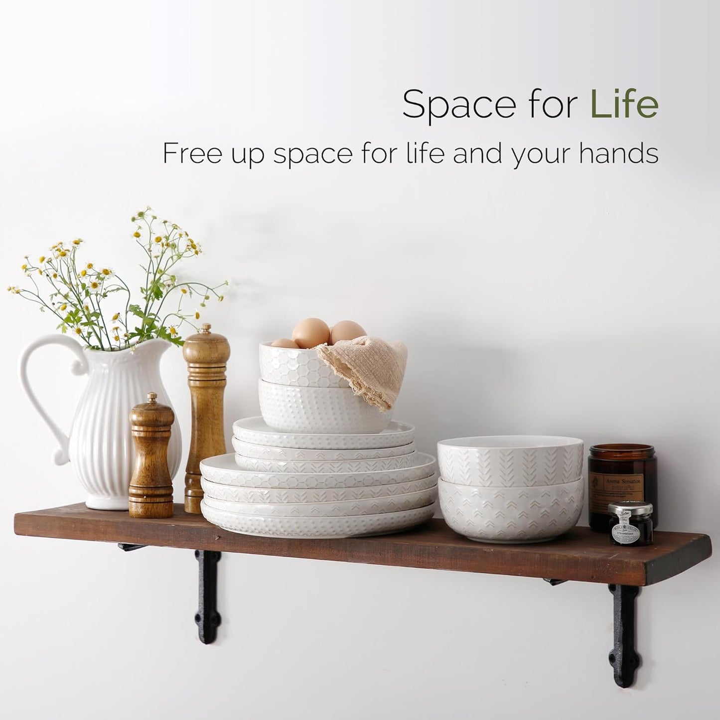 Stoneware Dinnerware Sets Service for 4, 12 Pcs Reactive Glaze Plates and Bowls Sets, Embossed Boho Ceramic Dish Set, Highly Chip and Crack Resistant Farmhouse Plate Set, Ivory White