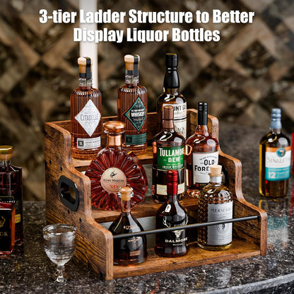 Liquor Bottle Display Shelf, Coffee Syrup Rack Organizer, 3 Step Countertop Liquor Wine Rack, Mini Bar,Liquor Cabinet, Home Retro Bar Shelf Stand for Liquor Whiskey, Spirits