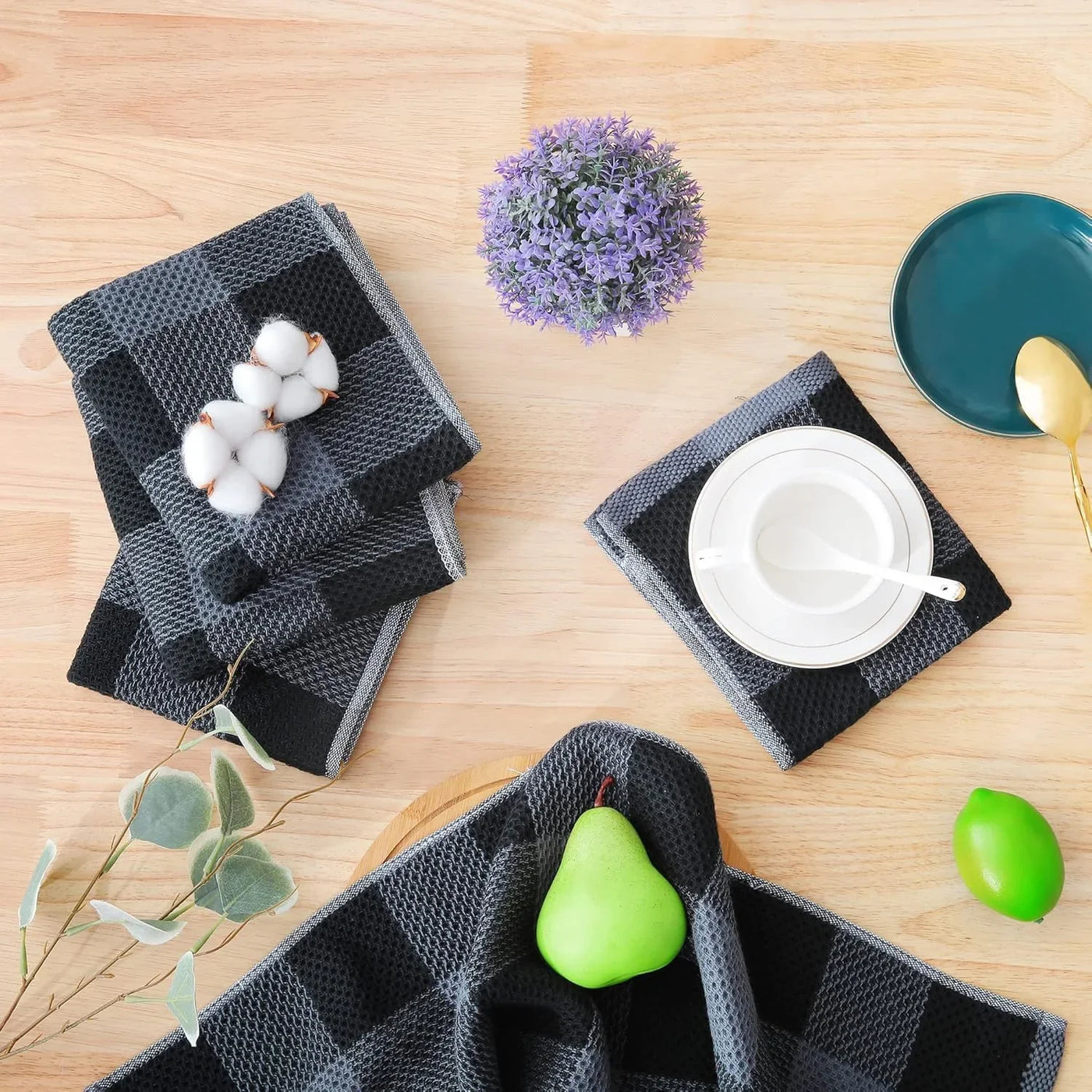 Kitchen Towels and Dishcloths Set, 12 X 12 and 13 X 28 Inches, Set of 12 100% Cotton Waffle Weave Check Plaid Kitchen Dish Towels, Super Soft and Absorbent Dish Cloths, Black & Grey