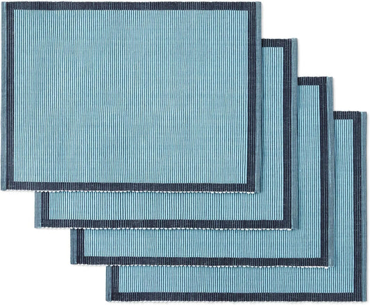 Garden Party Reversible 100% Cotton Placemats 4-Pack Set, Woven Ribbed Design, Blue/Navy Blue, 14"X19"