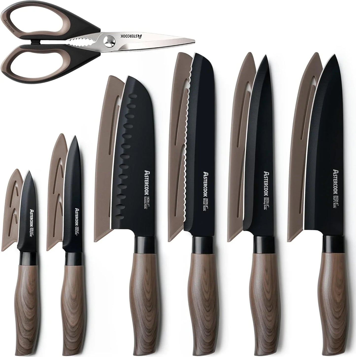 13-Piece Kitchen Knife Set with Black Anti-Rust Coating, Dishwasher Safe, Stainless Steel Chef Knives Set with 6 Blade Guards, Wood Grain Handle, Perfect Holiday & Housewarming Gifts