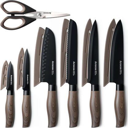13-Piece Kitchen Knife Set with Black Anti-Rust Coating, Dishwasher Safe, Stainless Steel Chef Knives Set with 6 Blade Guards, Wood Grain Handle, Perfect Holiday & Housewarming Gifts