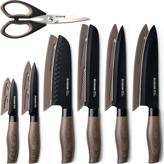 13-Piece Kitchen Knife Set with Black Anti-Rust Coating, Dishwasher Safe, Stainless Steel Chef Knives Set with 6 Blade Guards, Wood Grain Handle, Perfect Holiday & Housewarming Gifts