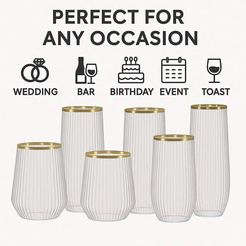 48 Pack Ribbed Origami Ripple Plastic Glasses, 24 9 Ounce Stemless Champagne Flutes & 24 12 Ounce Cups, Bpa-Free Disposable Shatterproof Toasting Glasses for Weddings Bars Events (Gold Rim)
