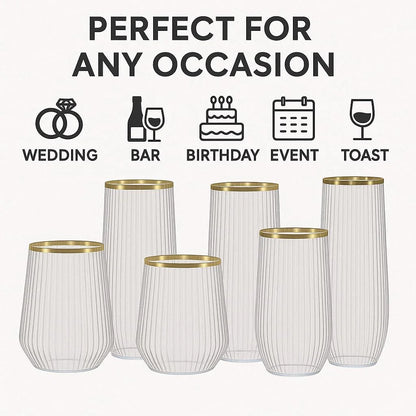 48 Pack Ribbed Origami Ripple Plastic Glasses, 24 9 Ounce Stemless Champagne Flutes & 24 12 Ounce Cups, Bpa-Free Disposable Shatterproof Toasting Glasses for Weddings Bars Events (Gold Rim)