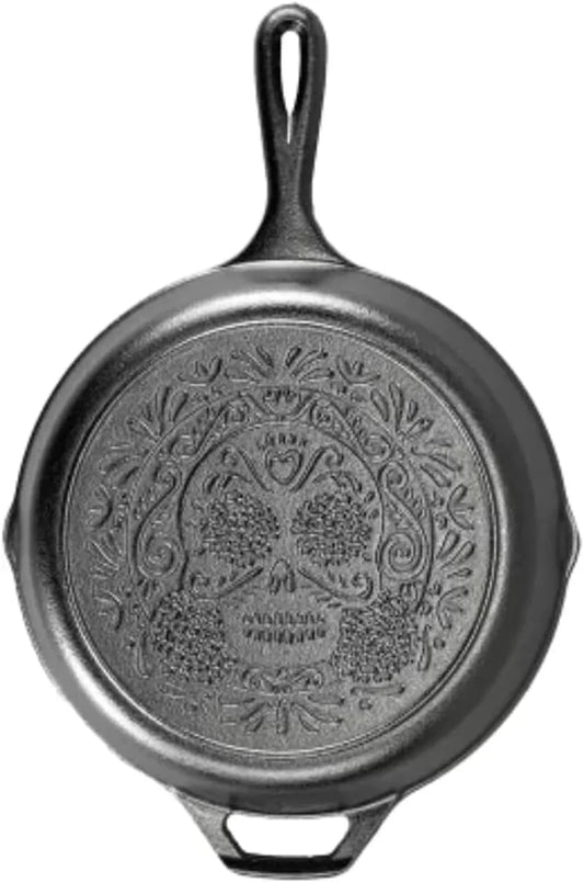 10.25 Inch Pre-Seasoned Cast Iron Stamped Skillet - Signature Teardrop Handle - Use in the Oven, on the Stove, on the Grill, or over a Campfire - Sugar Skull