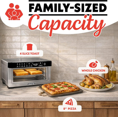 Toaster Oven Digital Air Fryer - Convection Mode with 4 Slice Capacity, 3 Rack Positions, 12 Presets, Toast, Bagel, Bake, Roast, Broil, Dehydrate, Popcorn, Fits 9" Pizza, Stainless Steel