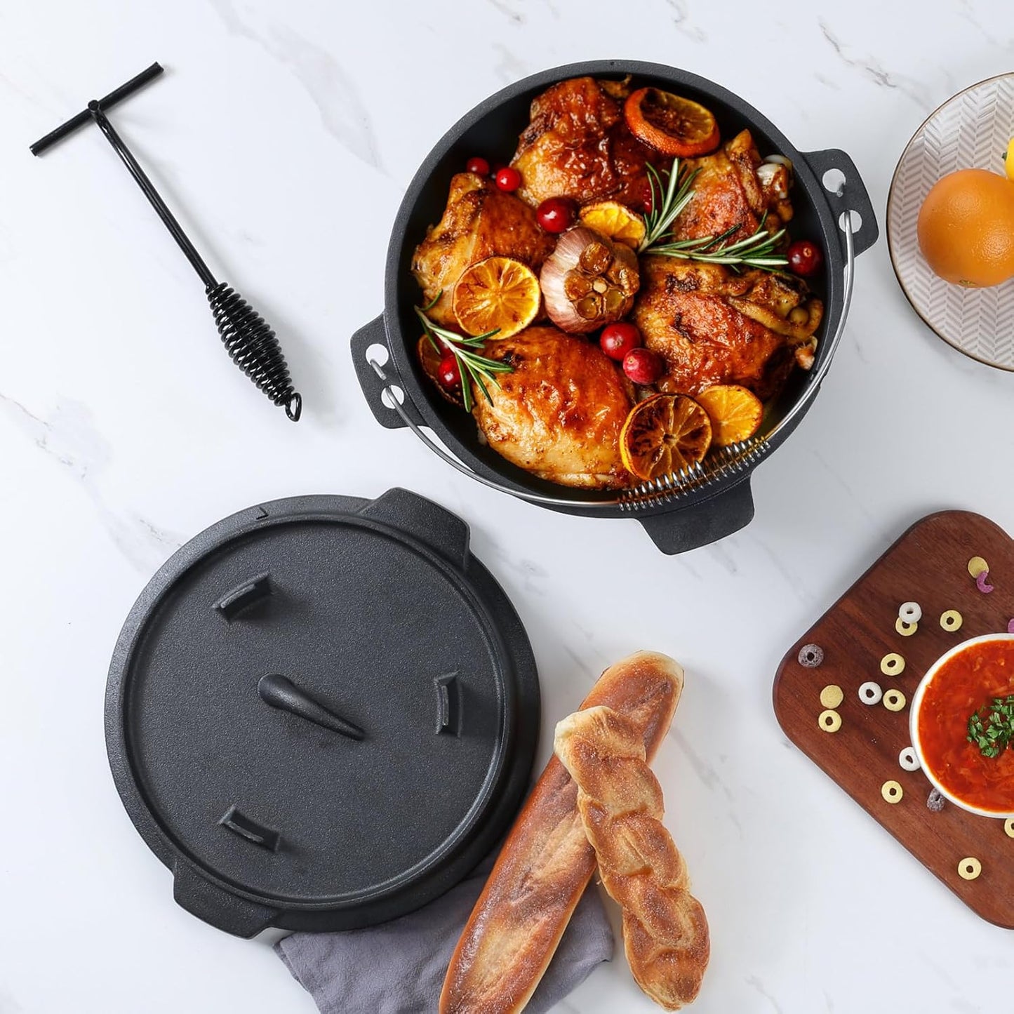 5QT Camping Dutch Oven with Lid, Pre-Seasoned Cast Iron Camp Dutch Oven with Lid Lifter for Campfire Cooking, Baking and Stews, Durable Cast Iron Pot for Camping and Hiking