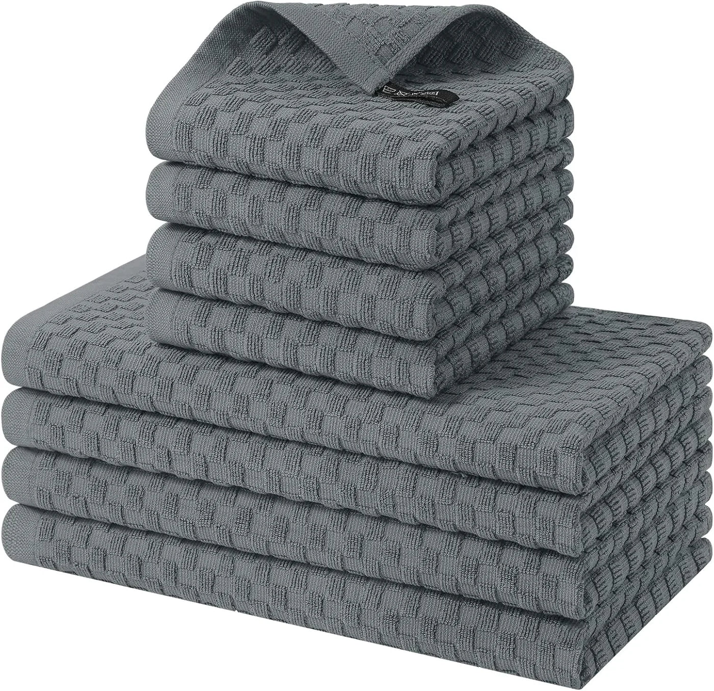 100% Cotton Kitchen Towels and Dishcloths Set, 12 X 12 & 15 X 25 Inches, Set of 8 Bulk Terry Cloth Dish Towels, Super Soft and Absorbent Hand Towel with Hanging Loop, Dark Grey