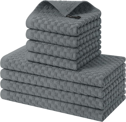 100% Cotton Kitchen Towels and Dishcloths Set, 12 X 12 & 15 X 25 Inches, Set of 8 Bulk Terry Cloth Dish Towels, Super Soft and Absorbent Hand Towel with Hanging Loop, Dark Grey