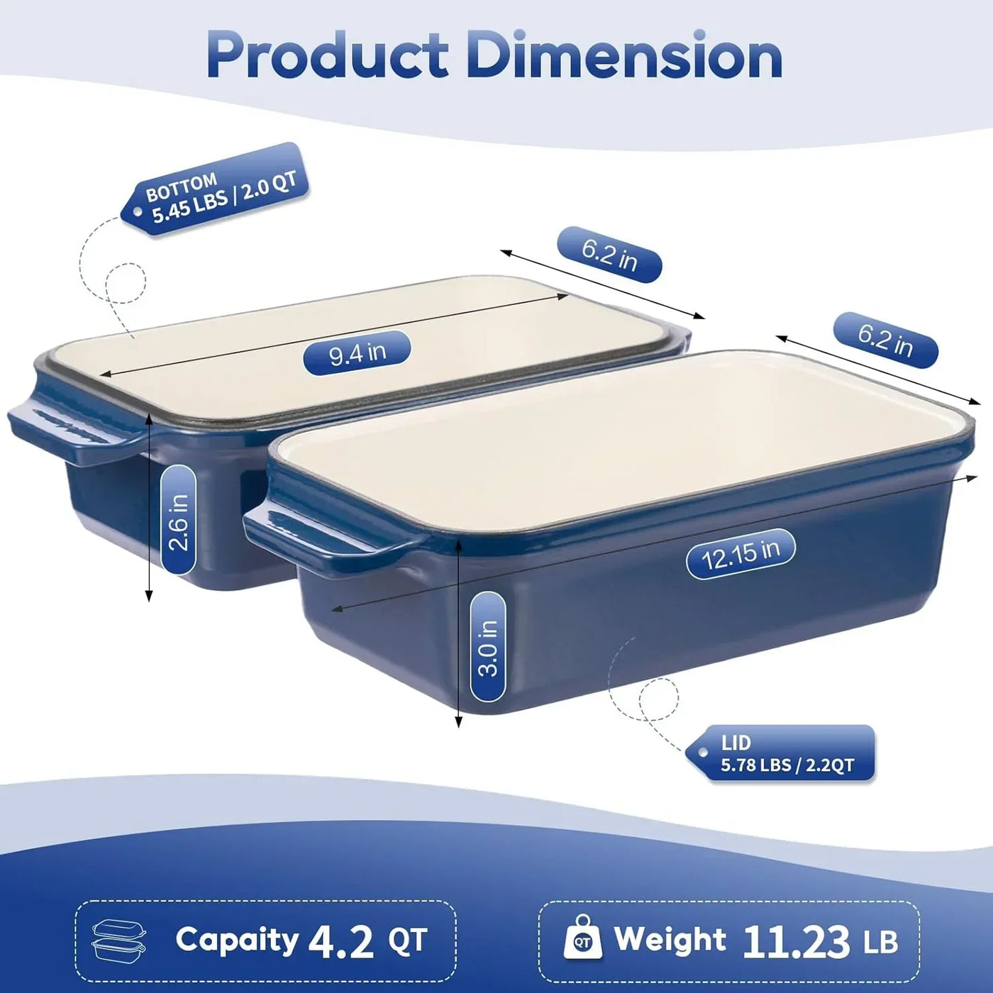 Blue ceramic baking dish with lid, 4.2 QT capacity, dimensions and weight details shown for kitchen cookware