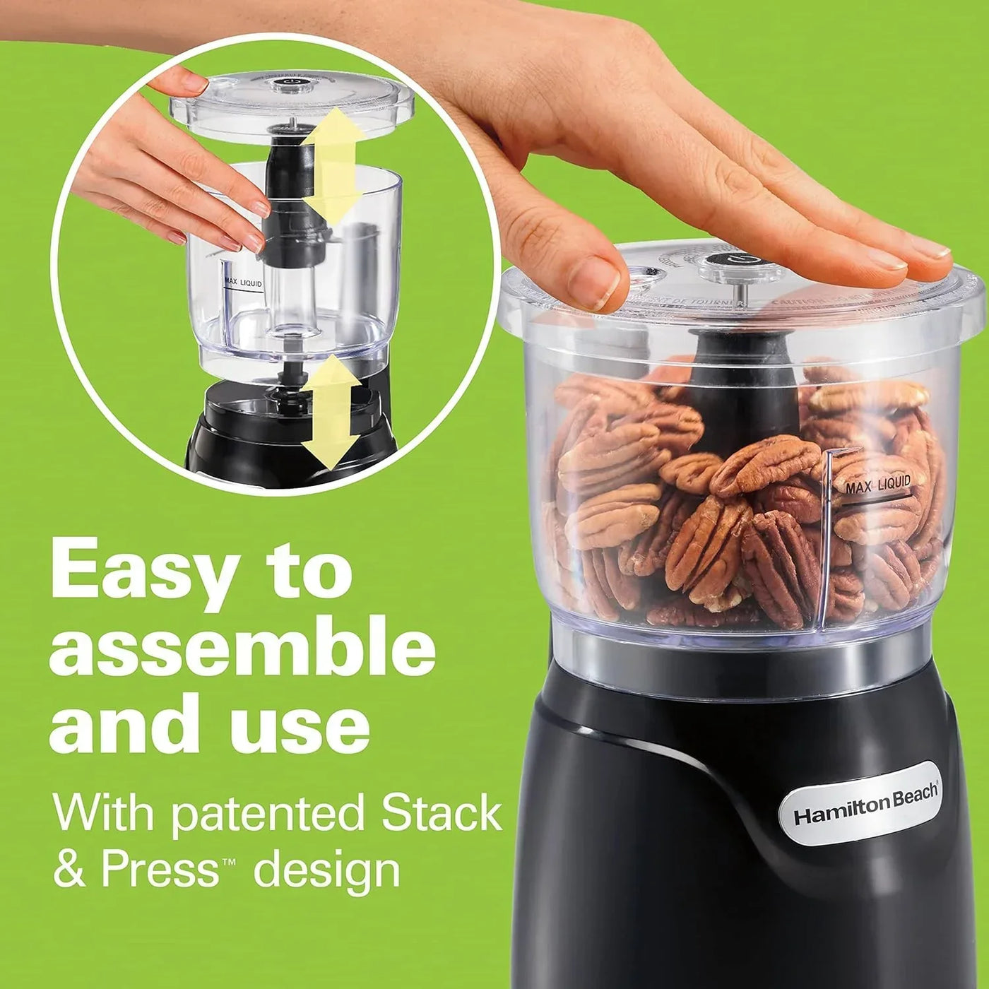 Hamilton Beach food chopper with pecans, easy assembly and patented Stack & Press design