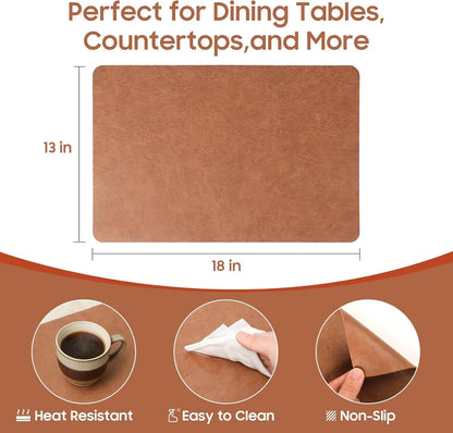 Placemats Set of 6 - Easy Clean Washable PU Leather Place Mats for Dining Table, 12 X 18 Inch Heat Resistant Non-Slip Table Mats for Kitchen, Indoor, Outdoor, Brown