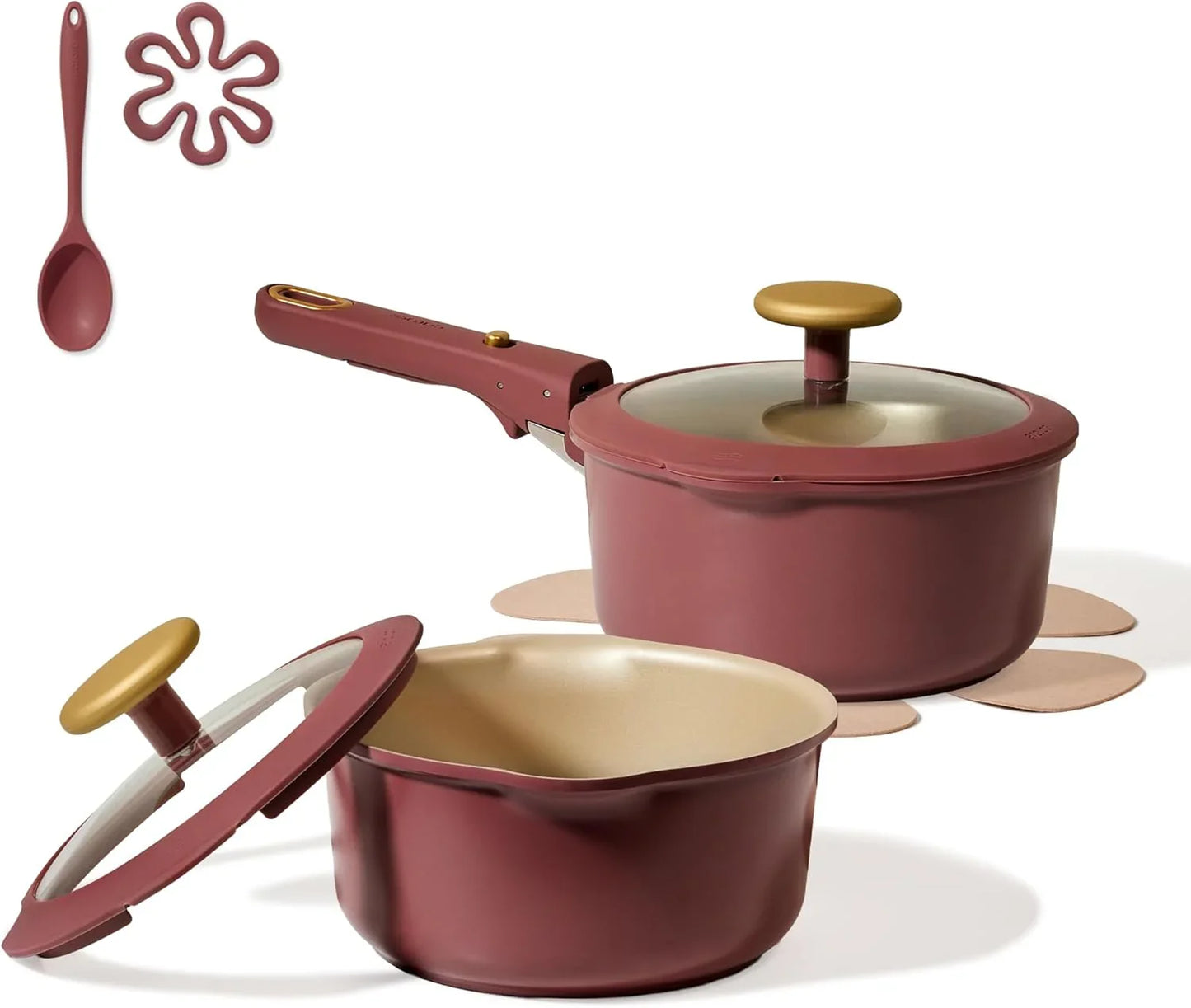 2.0Qt & 3.0Qt Titanium Nonstick Reinforced Sauce Pan Sets with Lid, Non-Stick Saucepans Cookware Set with Pour Spout with Detachable Handle, PFOS, PFOA Free, Induction Comptable, Burgundy