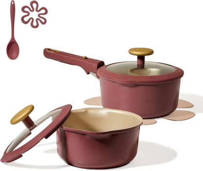 2.0Qt & 3.0Qt Titanium Nonstick Reinforced Sauce Pan Sets with Lid, Non-Stick Saucepans Cookware Set with Pour Spout with Detachable Handle, PFOS, PFOA Free, Induction Comptable, Burgundy