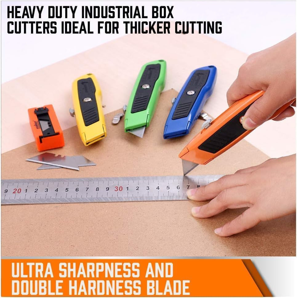 4-Pack Box Cutter Utility Knife, Heavy Duty Aluminum Shell Retractable Box Cutter for Cardboard, Boxes and Cartons, Extra 10 Blades