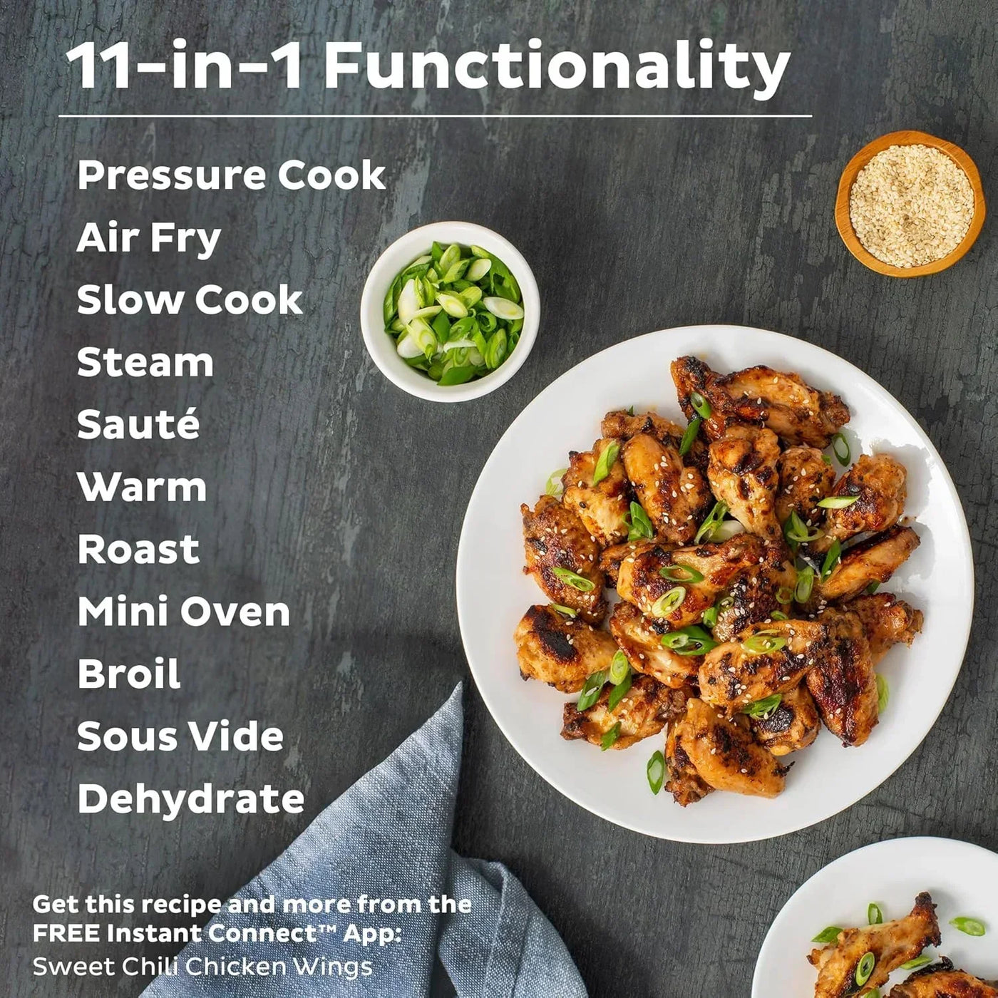 Sweet chili chicken wings with sesame and scallions, showcasing 11-in-1 air fryer, pressure cooker, and slow cooker functions