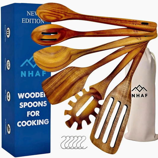Wooden Utensils for Cooking, Premium Teak Healthy Spoons, Wooden Spoons for Cooking, Durable Eco-Friendly and Safe Teak Cooking Spoon, Cooking Gifts for Mom (Set of 6) and Hooks