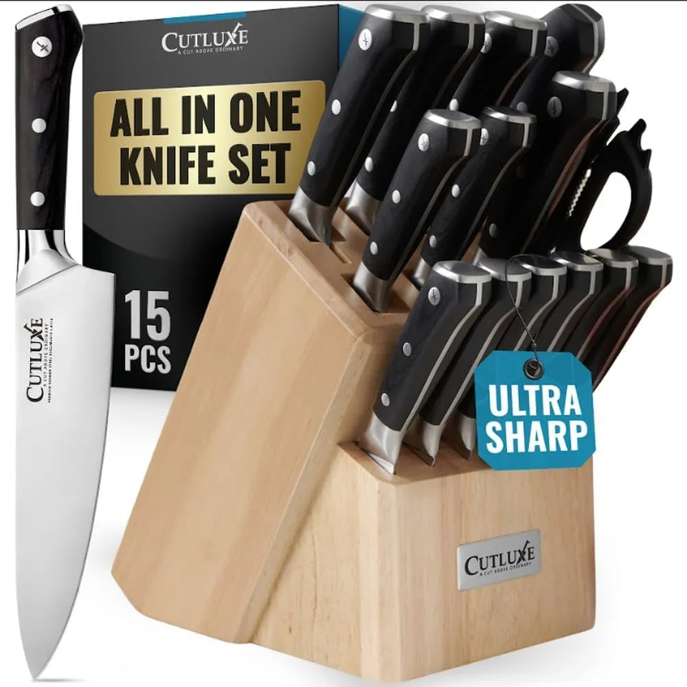 15-Piece Knife Set – Premium Rubberwood Wood Block – Knife Set for Kitchen, Ultra Sharp High Carbon German Stainless Steel, Full Tang – Artisan Series