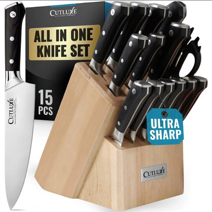 15-Piece Knife Set – Premium Rubberwood Wood Block – Knife Set for Kitchen, Ultra Sharp High Carbon German Stainless Steel, Full Tang – Artisan Series