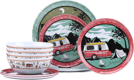 Melamine Dinnerware Sets, 12Pcs Plates and Bowls Sets, Service for 4, Indoor and Outdoor Use Dish Set, Break-Resistant (Red Car)