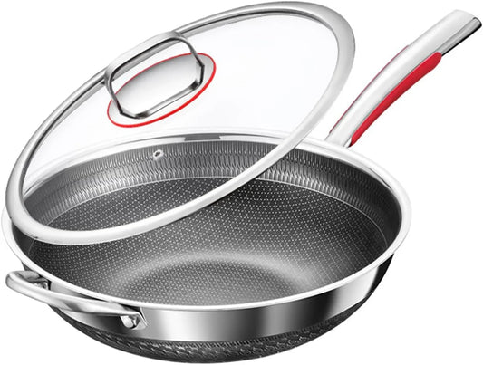 Wok Pan with Lid, Hybrid Nonstick Stainless Steel Flat Bottom Woks & Stir-Fry Pans, Stay-Cool Handle, Dishwasher Induction Oven Broiler Safe, PFOA Free Cookware Non Stick,13.39In