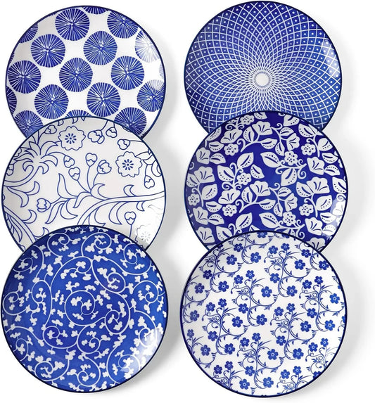Ceramic Dessert Plates Set of 6, 6 Inch Appetizer Plates for Kitchen, Microwave & Dishwasher Safe, Vintage Blue