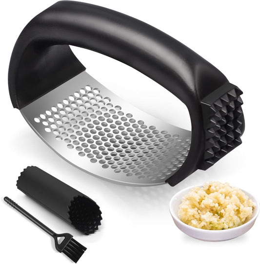 Garlic Press Rocker, Stainless Steel Garlic Mincer and Garlic Crusher, Easy-Squeeze Garlic Tool with Peeler and Cleaning Brush for Smashing Garlic