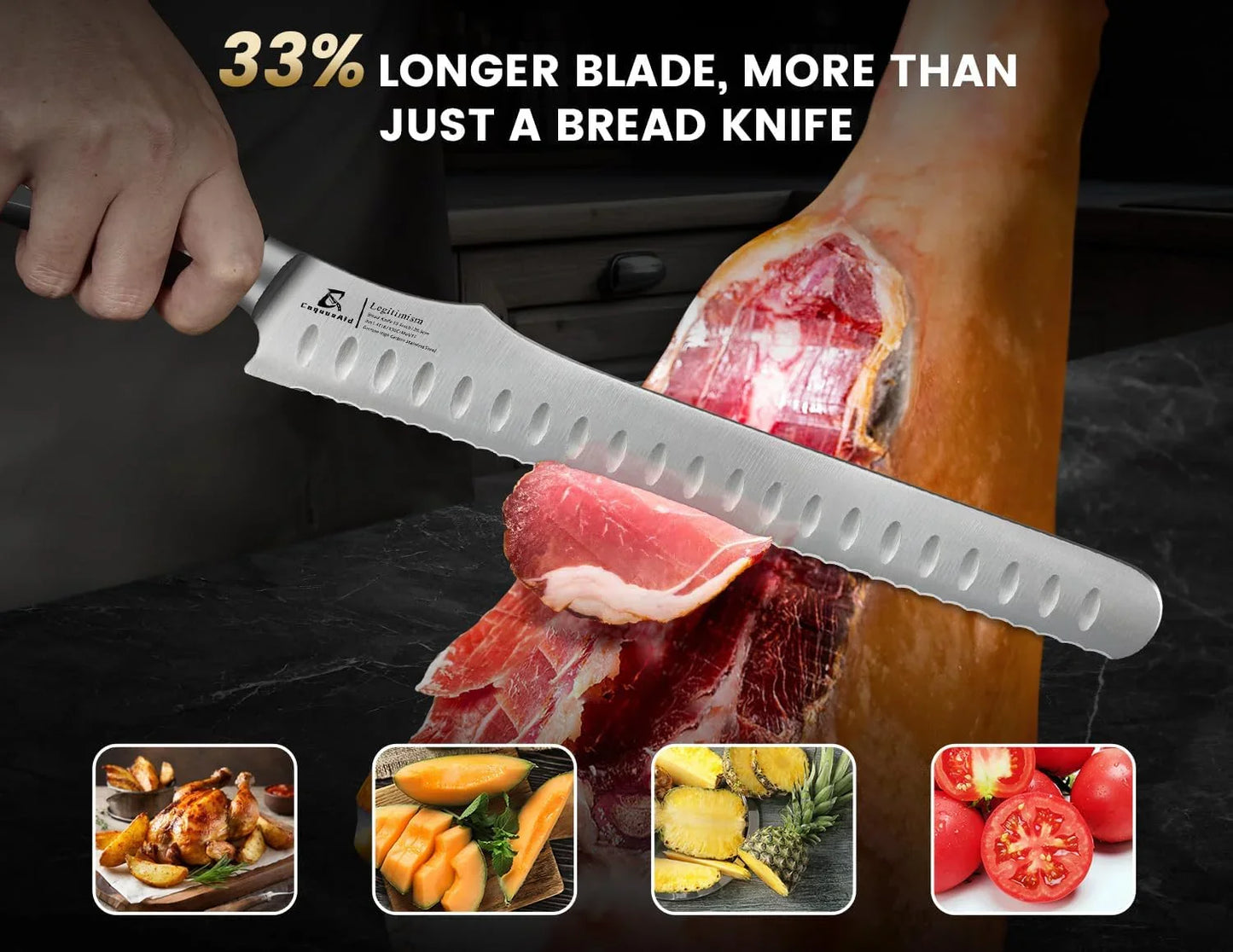 Bread Knife for Homemade Bread, 10.6 Inch Multifunction Serrated Knife, Razor Sharp Slicer, High Carbon German Steel Bread Cutter, Ergonomic Handle Design for Sourdough Turkey Fruit Cutting