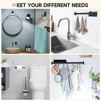 Modern kitchen and bathroom storage solutions with wall hooks, towel racks, and organizers for smart home organization