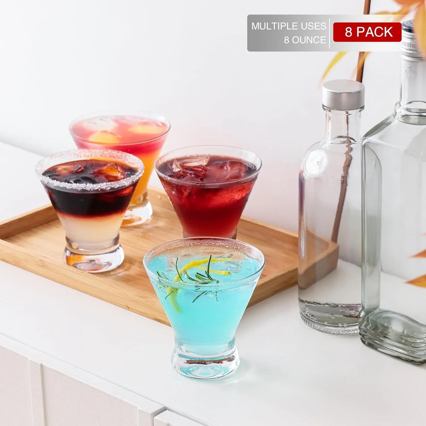 Martini Glasses Set of 8, 8Oz Stemless Martini Cocktail Glasses for Margarita, Cosmopolitan, Manhattan, Home Bar, Gimlet, Pisco Sour, Brandy, Crystal Clear