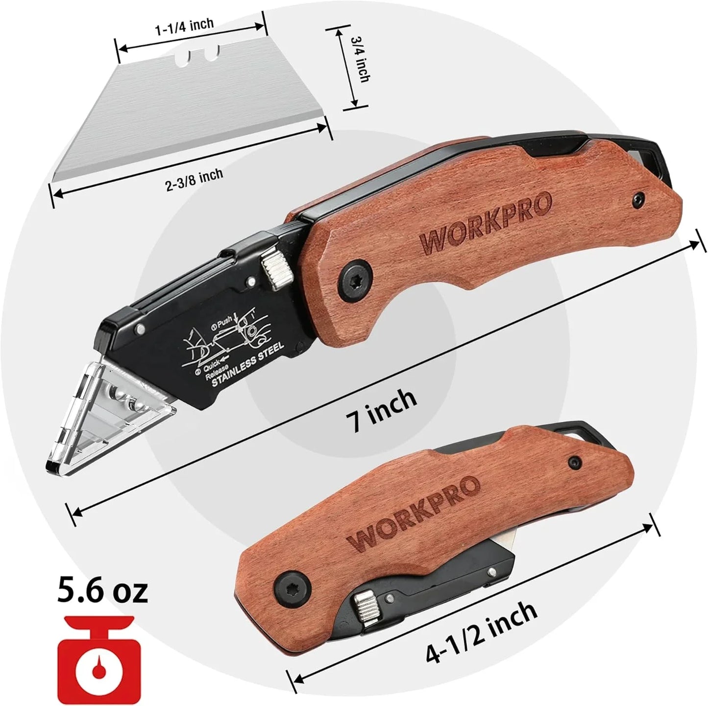 Folding Utility Knife with Stainless Steel Head, Quick-Change Blade & Back Lock, Wood Handle Heavy Duty Box Cutter, 1PC Razor Knife with Extra 10PC SK5 Blades