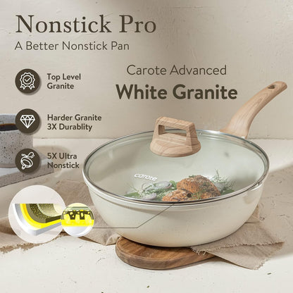 12Inch Nonstick Deep Frying Pan with Lid, 5.5 Qt Jumbo Cooker Saute Pan with Pour Spout, Skillet Induction Cookware, Non Stick Cooking Pan Kitchen Pan PFOA Free, White Granite