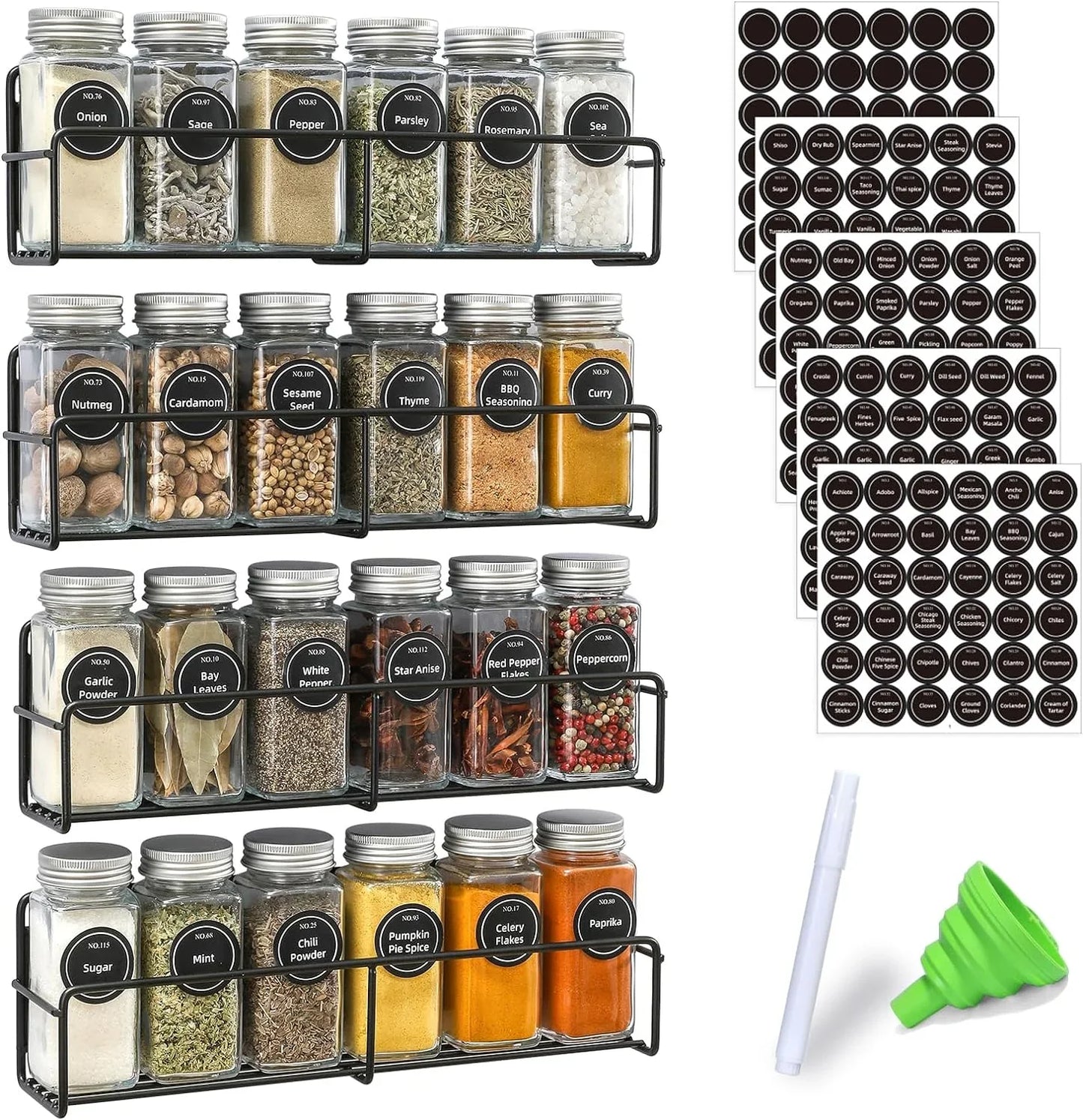Magnetic Spice Rack, 4 Pack, 24 Square Glass Jars with Lids, Quick-Find Pre-Printed Labels, Funnel, Space Saver, Refrigerator and Microwave Oven Organizer