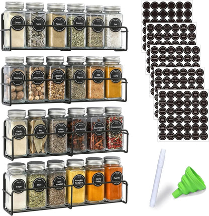 Magnetic Spice Rack, 4 Pack, 24 Square Glass Jars with Lids, Quick-Find Pre-Printed Labels, Funnel, Space Saver, Refrigerator and Microwave Oven Organizer