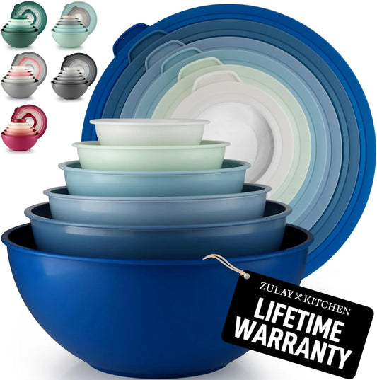 12 Piece Plastic Mixing Bowls with Lids Set - Leak-Proof Microwave & Freezer Safe Stackable Mixing Bowl Set for Preparing, Serving and Storing - Non-Slip Large Nesting Bowls (Blue Ombre)