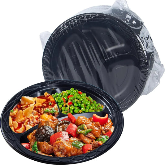 Plastic Plates 10" 150 Pack - Shrink Wrapped BPA Free Mineral Filled PP | Microwave & Dishwasher Safe | Heavy Duty Non Permeable Party Plate | Black Commercial 3 Compartment Disposable Trays