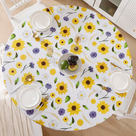 round Vinyl Fitted Tablecloth with Flannel Backing Elastic Edge Design Table Cover Waterproof Oil-Proof PVC Table Cloth Stain-Resistant Best for 37"-44" Round