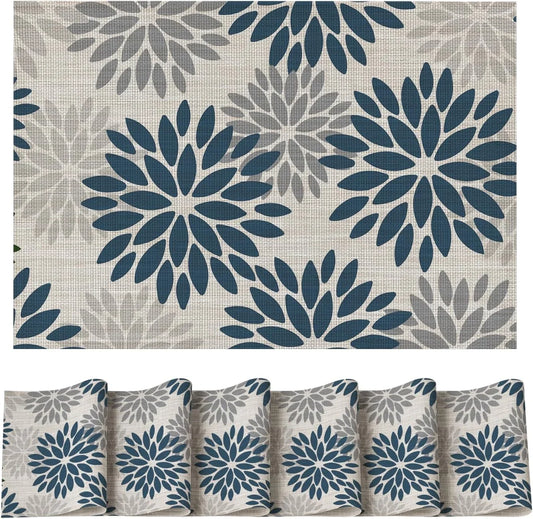 Floral Vinyl Plistic Placemats Set of 6, Heat Resistant Washable Non-Slip PVC Place Mats for Party Kitchen Dining Decor, Blue Grey