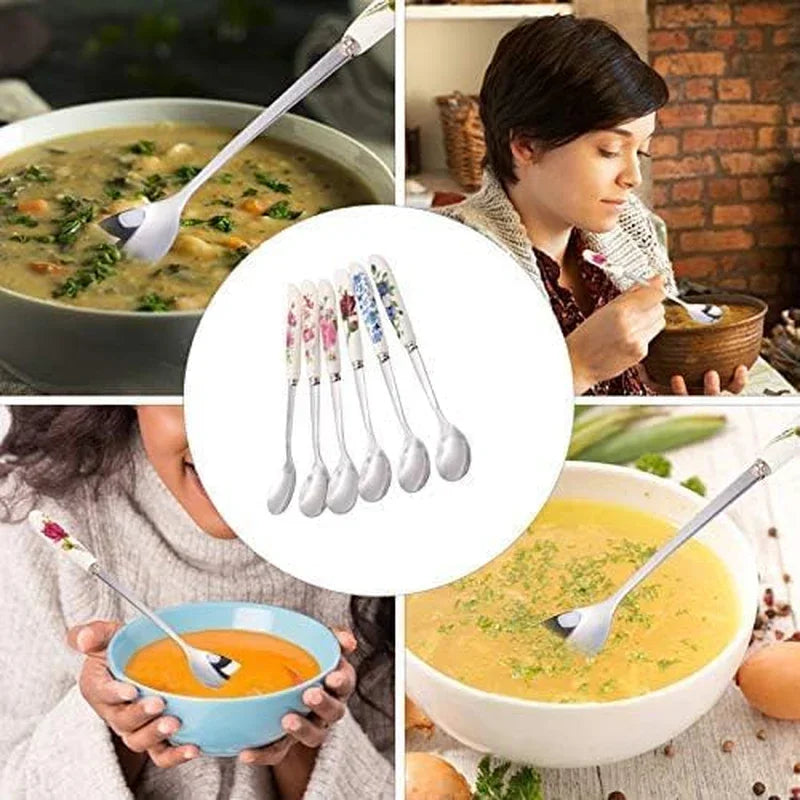 Floral-handled soup spoons in use, perfect for cozy meals and kitchen routines