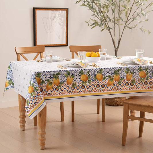Home Fashions Capri Lemon Double-Bordered Mediterranean Spring/Summer Fabric Tablecloth, Rectangle, 60 Inches X 144 Inches
