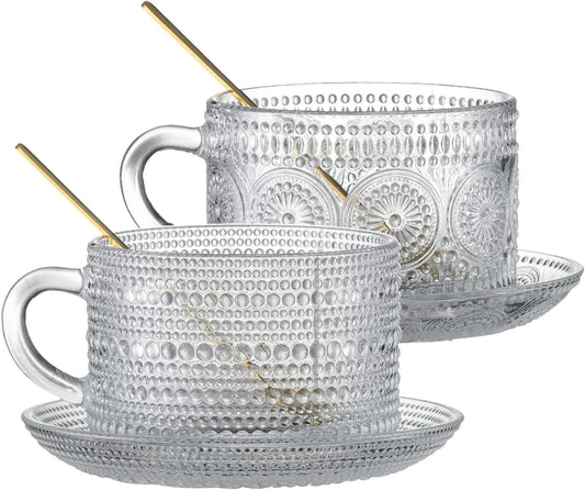 Vintage Coffee Mugs with Saucers 14 Oz Set of 2 Embossed Glass Cups, Tea Cups, Glass Coffee Cups for Cappuccino, Latte,Cereal, Beverage Birthday Valentine'S Day Gifts